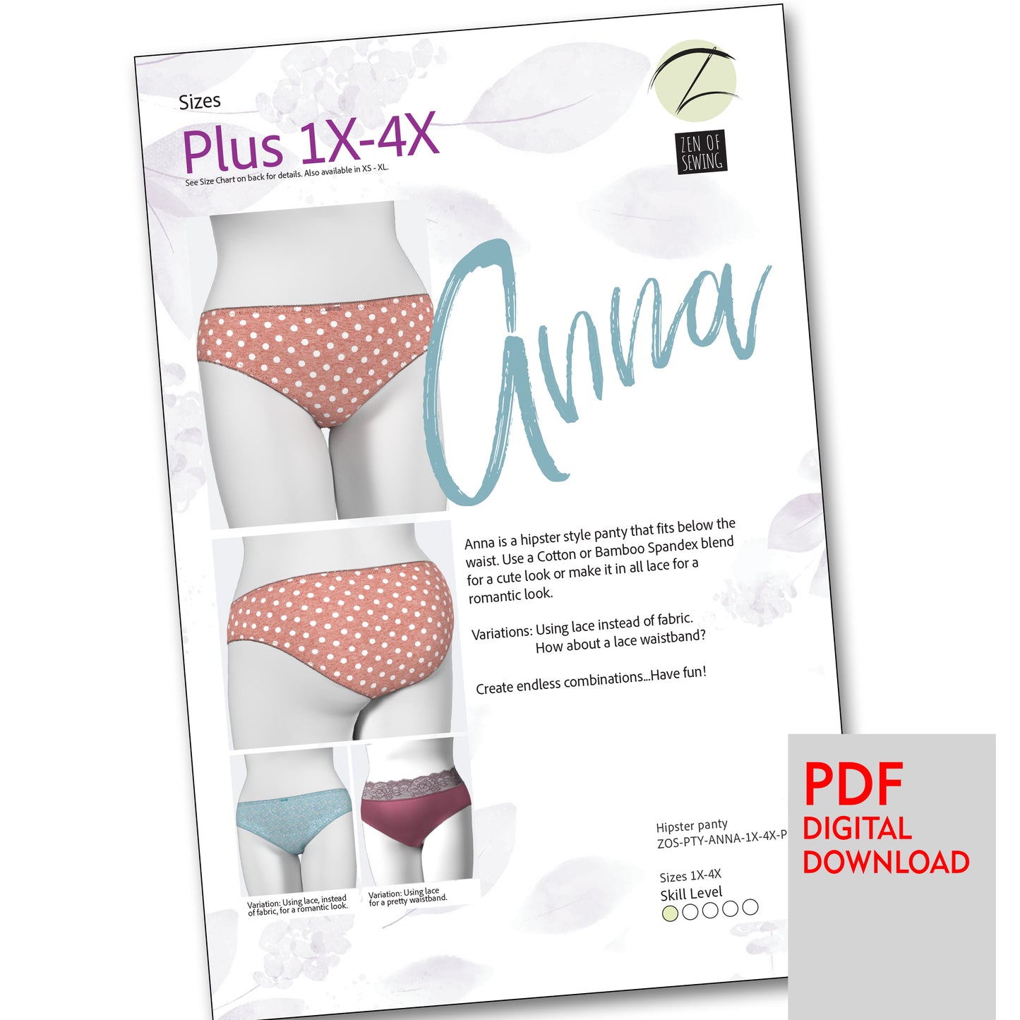 PDF "Anna" Hipster Panty Sewing Pattern, Plus Sizes 1X-4X
