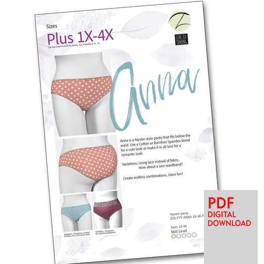 PDF "Anna" Hipster Panty Sewing Pattern, Plus Sizes 1X-4X