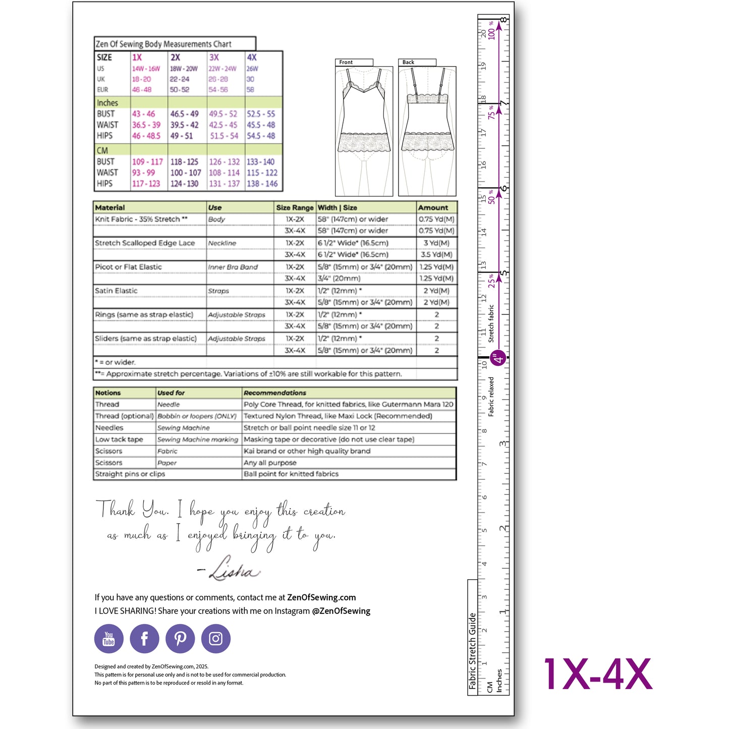 PDF "Charlotte" Cami Sewing Pattern, Sizes XS-XL and 1X-4X